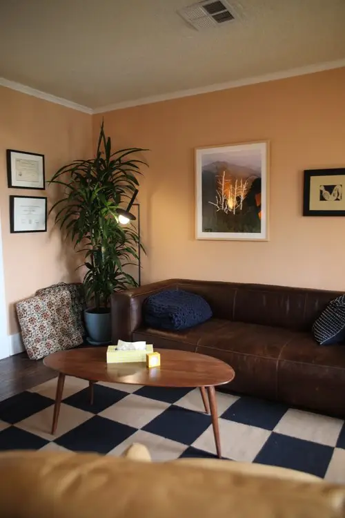 Therapy room at Inner Vision Psychotherapy with a leather sofa, plants, and artwork
